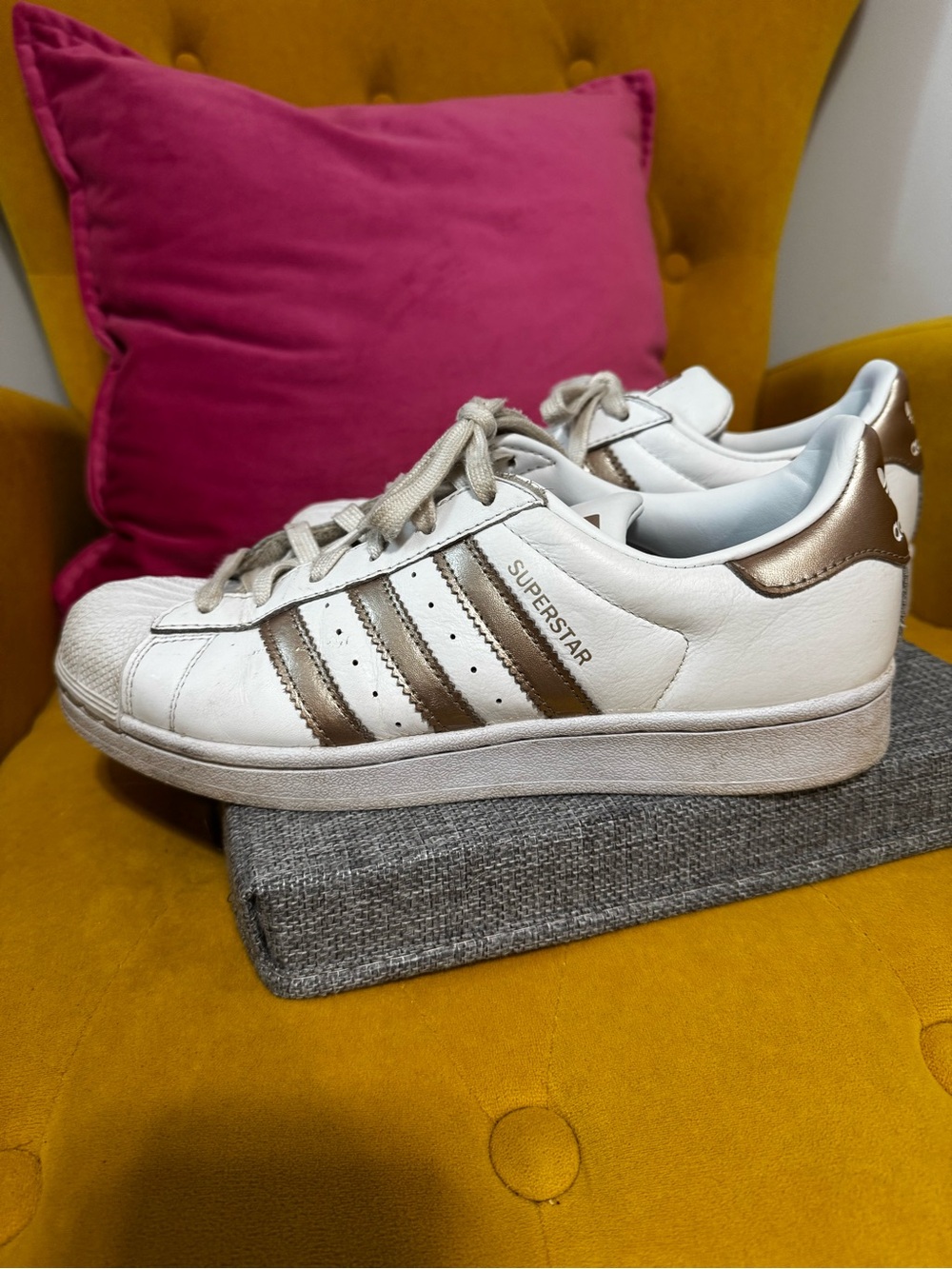 Adidas Superstar Sneakers in White with Metallic Rose Gold Accents - GC - Size